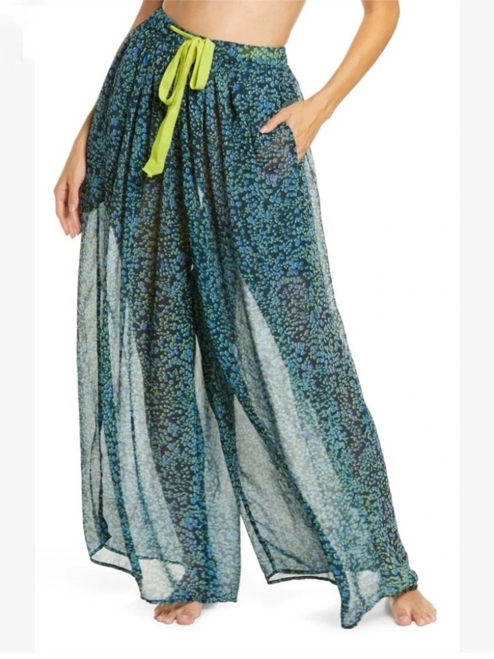 Intimately Free People Sleepin' In Pants Blue Leopard Sheer Wide Leg Flowy-M